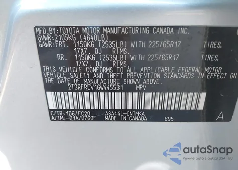 2016 Toyota Rav4 Xle z USA, uszkodzony, nr VIN 2T3RFREV1GW445531